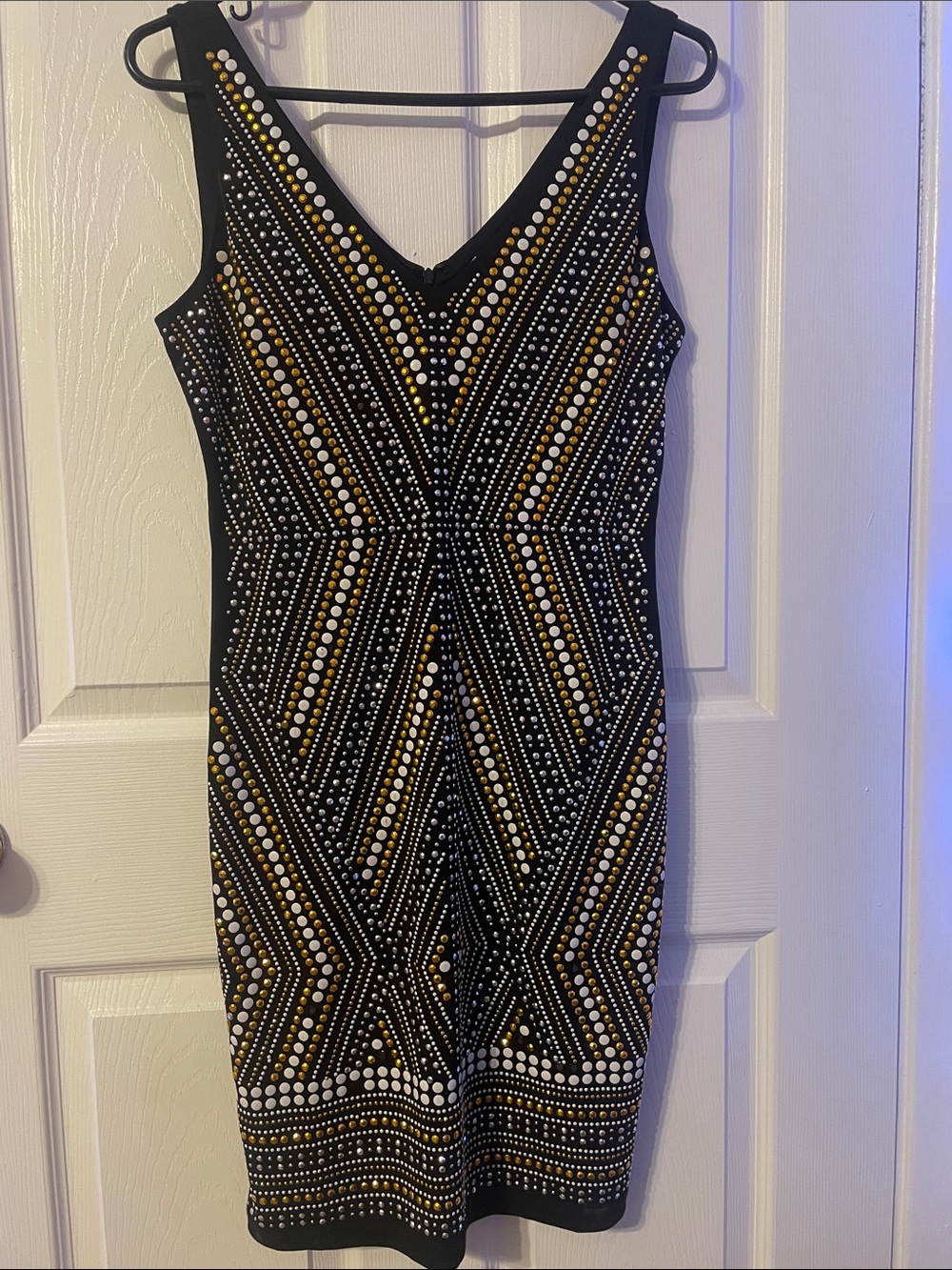 Carmen Marc Valvo Black Midi Dress with Gold & Silver Stud Detailing